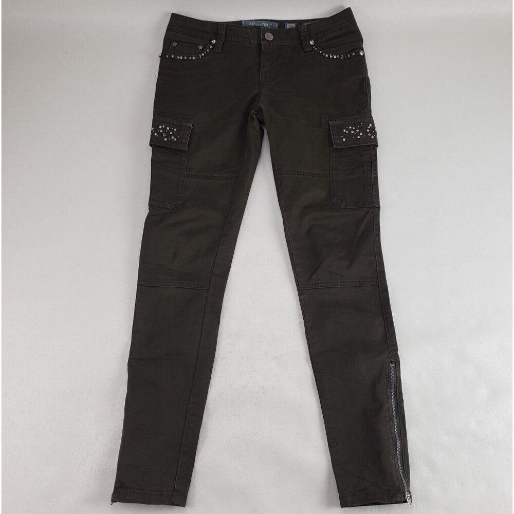 Miss Me Rhinestone Cargo Pant Womens 26 Brown Y2K Skinny Jeweled Ankle Zippers